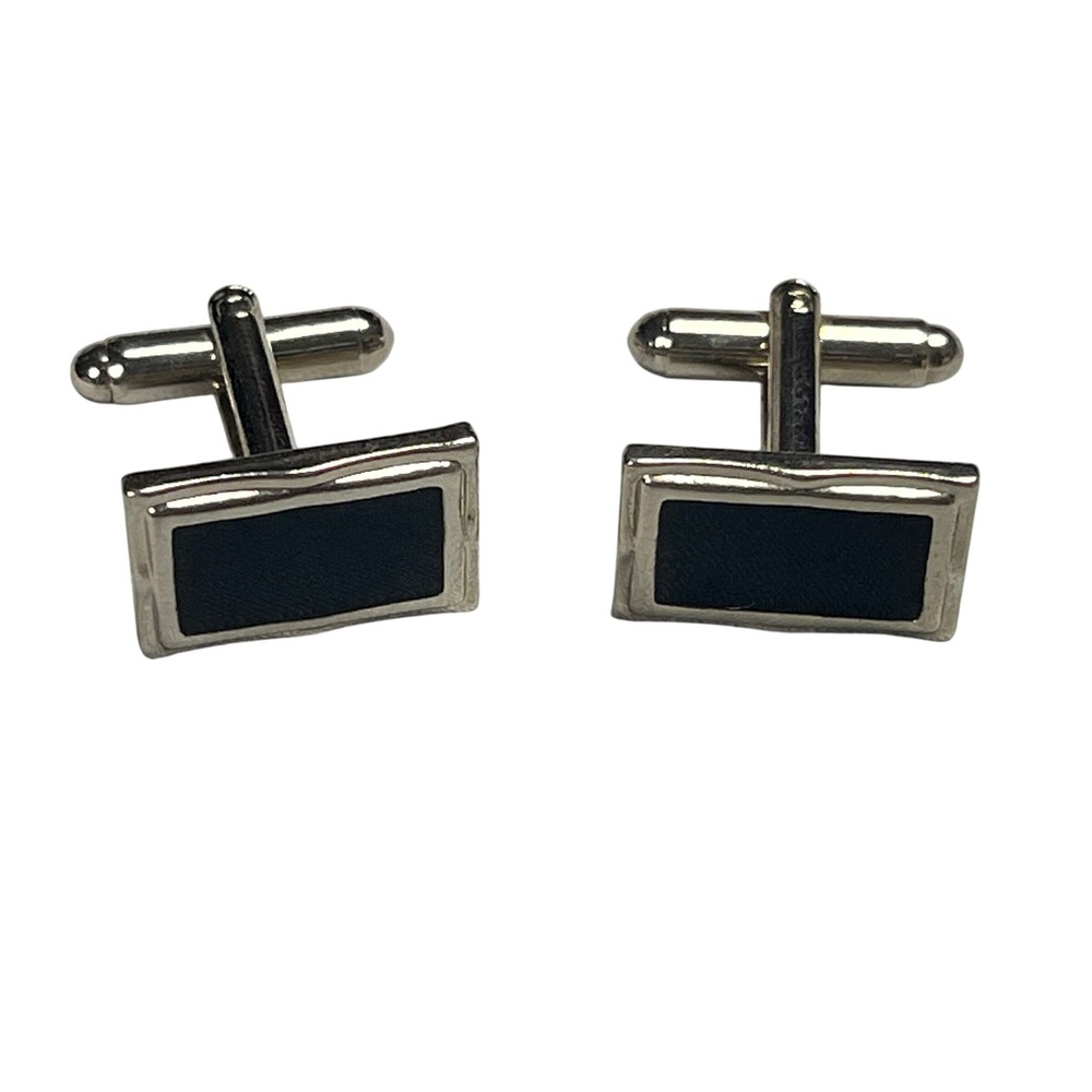 Mens Silver Tone Black Enamel Rectangular Bullet Back Classic Cufflinks Pair